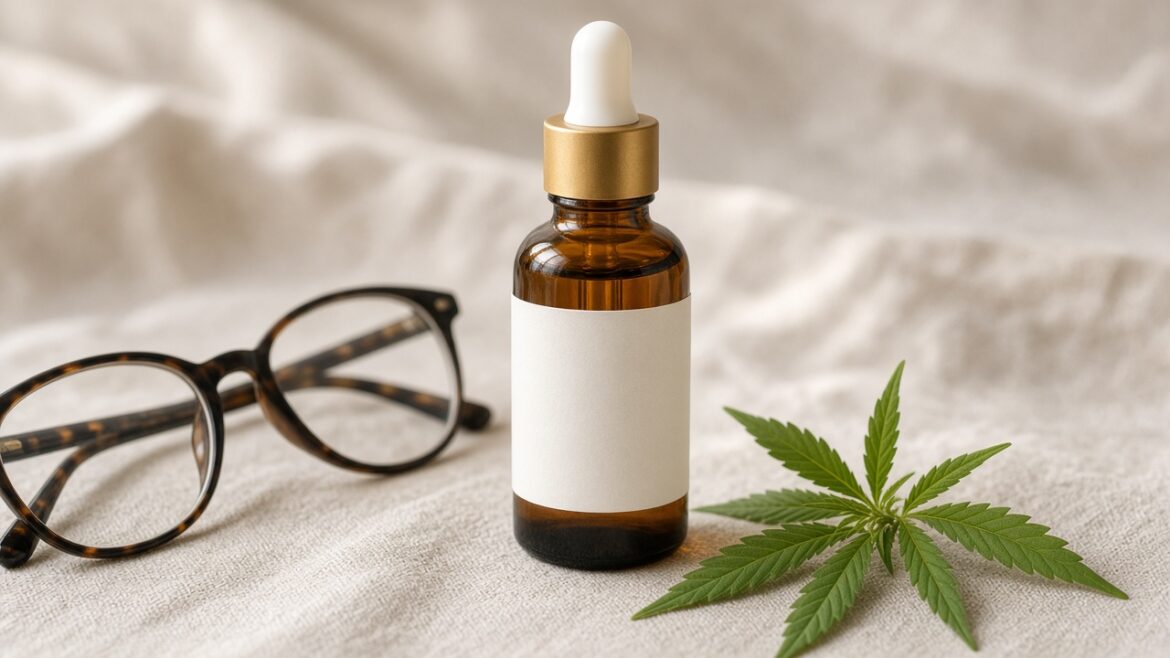 Amber dropper bottle with a blank label beside reading glasses and a hemp leaf