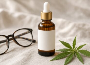 Amber dropper bottle with a blank label beside reading glasses and a hemp leaf