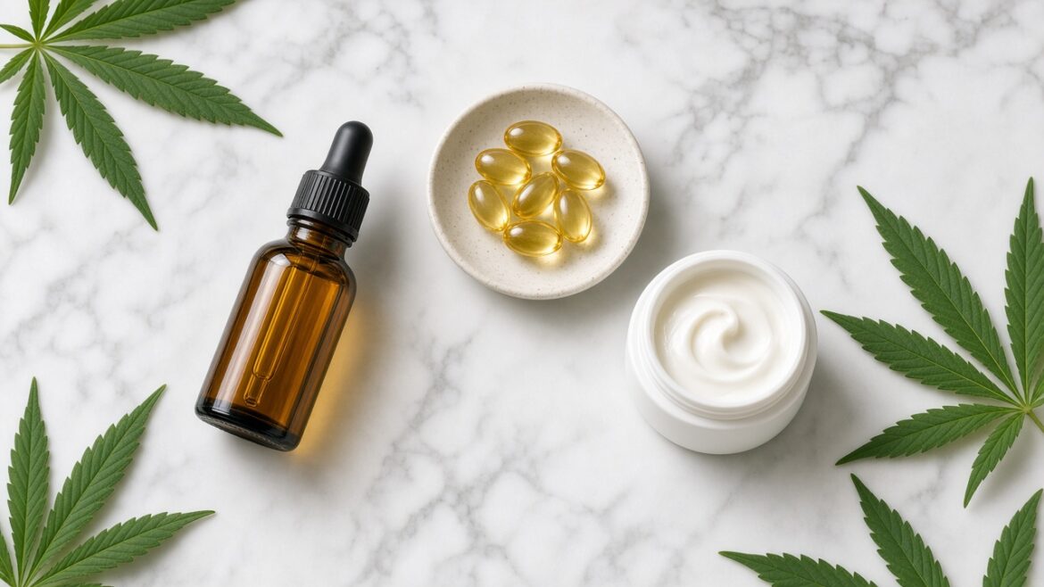 Amber dropper bottle, golden softgels in a dish and an open cream jar on marble with hemp leaves